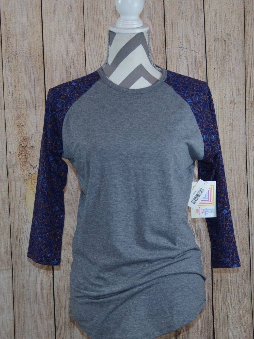 LuLaRoe Randy Gray Raglan Tee with Navy Patterned Sleeves
